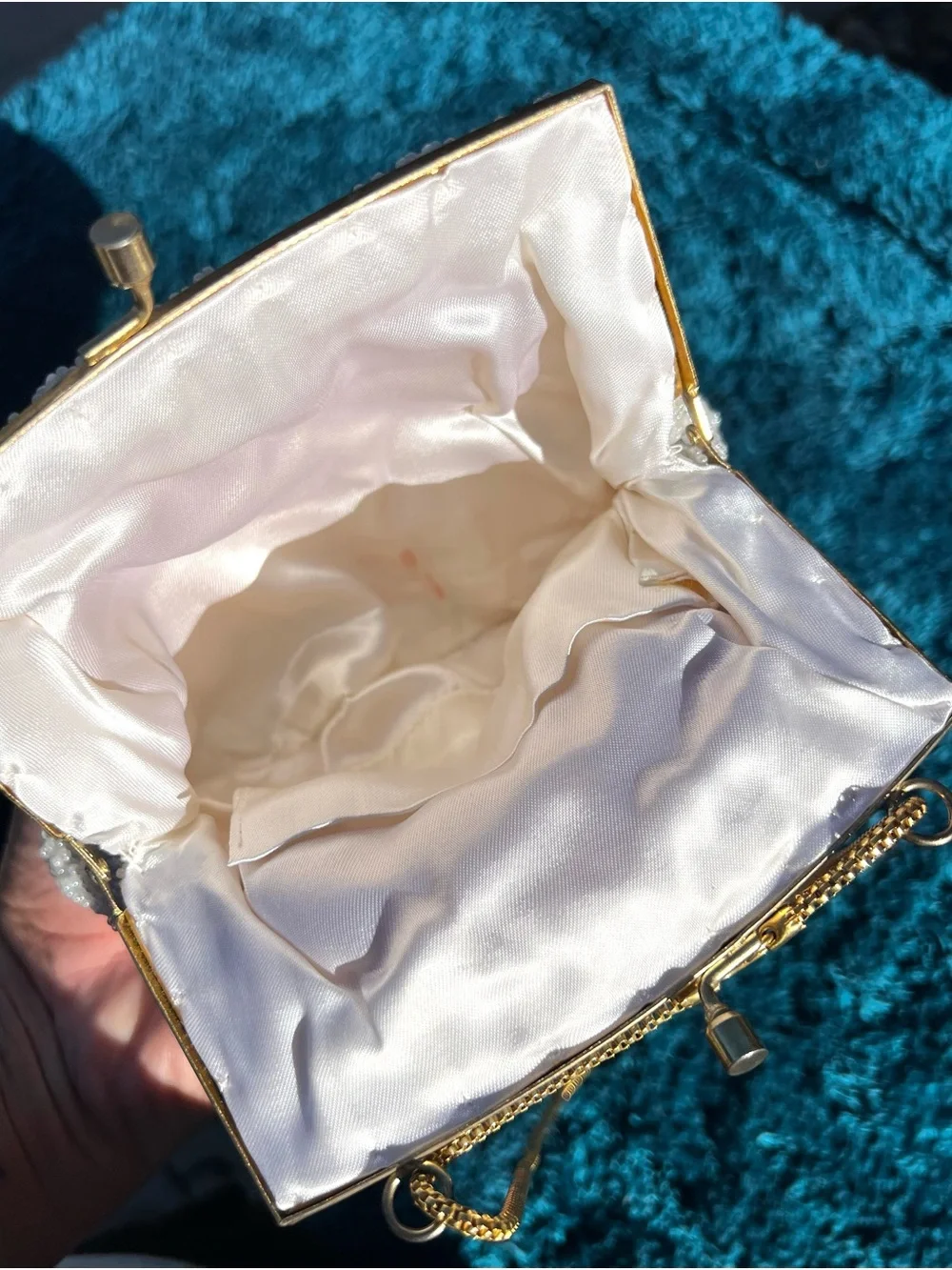 Vintage Ivory Beaded Clutch Purse Gold Chain Made in Hong Kong Hand Made